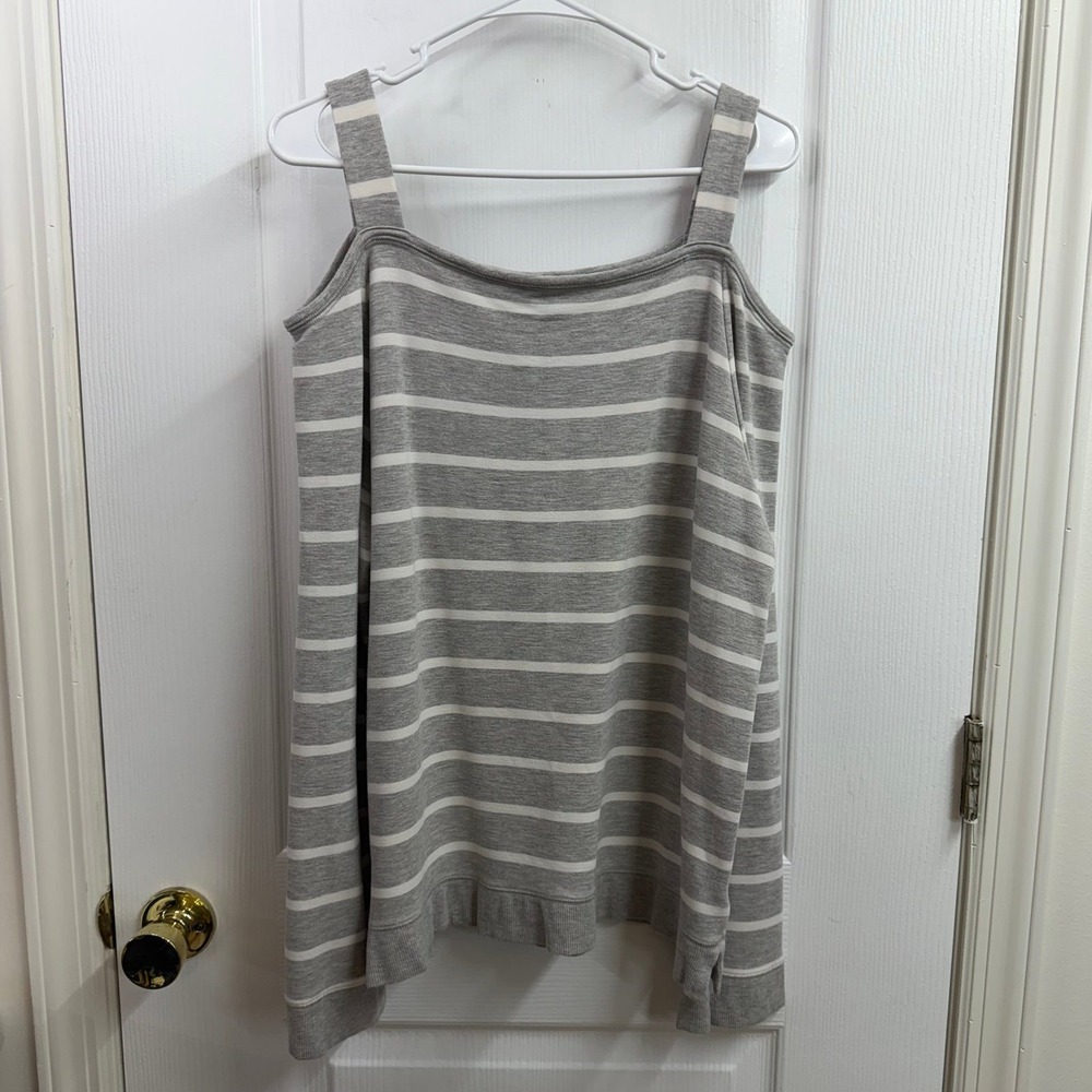 Lauren Ralph Lauren gray white striped cold shoulder long sleeve stretch shirt